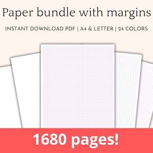 May include: A stack of paper sheets with various grid and line patterns. The text "Paper bundle with margins" and "INSTANT DOWNLOAD PDF | A4 & LETTER | 24 COLORS" are displayed at the top. The bottom banner reads "1680 pages!"