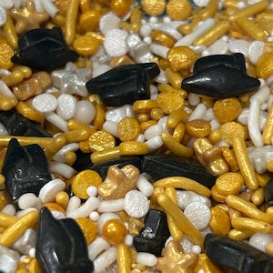 Graduation hat sugar sprinkle mix. Grad themed sprinkles. Gold and black sprinkle. Cupcake, cake, cookie, pretzel sprinkle decor.