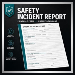 May include: A white Safety Incident Report form with black text and a teal left-hand border. The document includes sections for incident information, persons involved, incident details, injury or illness information, action taken, and report completion.