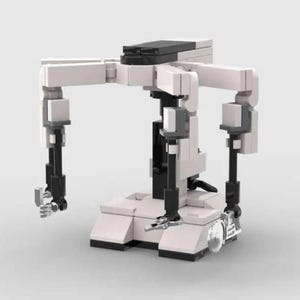 May include: A white and black robot with four articulated arms and a base. The robot has a black top and a white body.