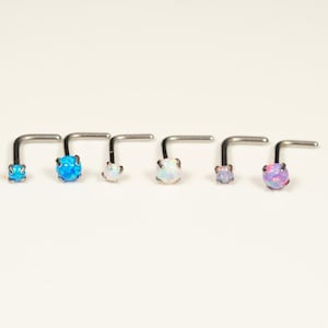 316L Surgical Steel Bent L Shape Nose Ring Stud with Purple Opal Gem 316L Surgical Steel Bent L Shape Nose Ring Stud with Purple Opal Gem