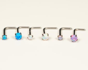 20G, 18G Silver Opal Nose Stud Nose Ring Small L Bend L Shape Back Opal White Purple Blue 316L Surgical Steel Nostril Jewelry F17