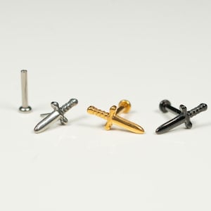 20G, 18G, 16G Gold Silver Black Sword, Threadless Flat Back Stud, Flat Back Cartilage, Tragus Piercing, Conch Stud, Helix Stud, Z2