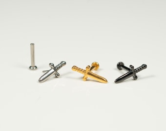 20G, 18G, 16G Gold Silver Black Sword, Threadless Flat Back Stud, Flat Back Cartilage, Tragus Piercing, Conch Stud, Helix Stud, Z2