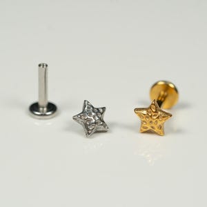 16G Hammered Star Flat Back Stud, Screw Back Earrings, Internally Threaded, Cartilage Stud, Conch Earring, Helix, Tragus, Gold, Silver Z10