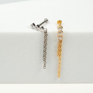 20G, 18G, 16G Gold Silver Triple Stud Dangle Chain, Threadless Flat Back Stud, Flat Back Cartilage, Tragus Piercing, Helix Stud, W19