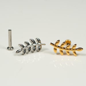 20G, 18G, 16G Gold Silver Olive Leaf Fan, Threadless Flat Back Stud, Flat Back Cartilage Earring, Ear Climber, Conch Stud, Helix, Z5