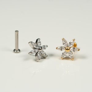 20G, 18G, 16G Gold Silver Marquise Flower, Threadless Flat Back Stud, Flat Back Cartilage, Tragus Piercing, Conch Stud, Helix Stud, R6