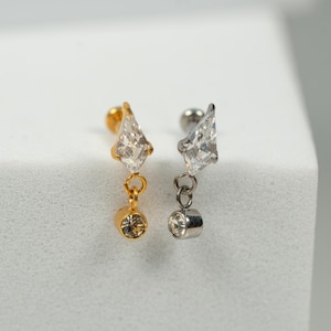 20G, 18G, 16G Gold Silver Dangle Rhombus, Threadless Flat Back Stud, Flat Back Cartilage, Tragus Piercing, Conch Stud, Helix Stud, Y24