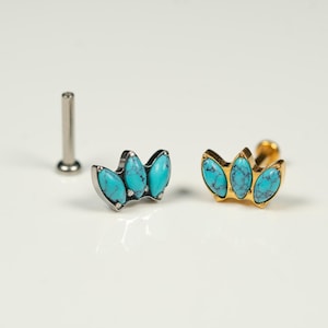 20G, 18G, 16G Turquoise Marquise Natural Stone Fan, Threadless Flat Back Stud, Cartilage Earring, Ear Climber, Conch Stud, Helix Stud, S12