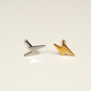 May include: Two small lightning bolt shaped earrings, one silver and one gold.