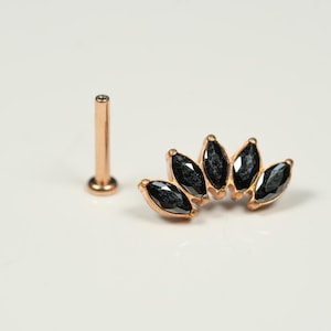 Abanico marquesa negro en oro rosa de 20 g, 18 g y 16 g, pendiente con parte posterior plana sin rosca, pendiente para cartílago con parte posterior plana, pendiente trepador de oreja, pendiente con forma de caracol, hélice, R5