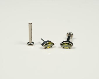 20G, 18G, 16G Silver Peridot Marquise Stone, Threadless Flat Back Stud, Cartilage Earring, Tragus Piercing, Conch Stud, Helix Stud, U22