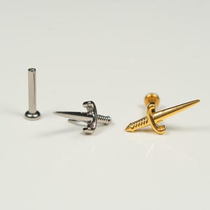 20G, 18G, 16G Gold Silver Small Sword, Threadless Flat Back Stud, Flat Back Cartilage, Tragus Piercing, Conch Stud, Helix Stud, W15