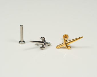 20G, 18G, 16G Gold Silver Small Sword, Threadless Flat Back Stud, Flat Back Cartilage, Tragus Piercing, Conch Stud, Helix Stud, W15