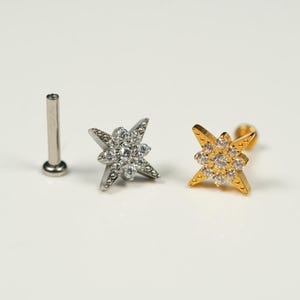 20G, 18G, 16G Ouro Prata Estrela Brilhante, Pino de Costas Planas Sem Rosca, Cartilagem de Costas Planas, Piercing Tragus, Pino de Concha, Pino de Hélice, W11