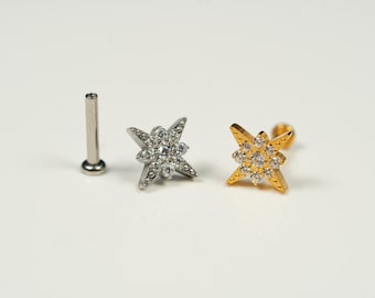 20G, 18G, 16G Gold Silver Shining Star, Threadless Flat Back Stud, Flat Back Cartilage, Tragus Piercing, Conch Stud, Helix Stud, W11