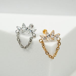 Chaîne pendante éventail marquise or-argent 20G, 18G, 16G, clou à dos plat sans filetage, cartilage à l'arrière, clou pour grimpeur d'oreilles, clou hélicoïdal, W21