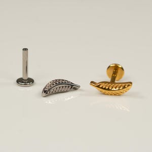 16G Feather Flat Back Stud, Screw Back Earrings, Titanium Stud, Cartilage Earring, Conch Earring, Helix, Tragus, Gold, Silver AE19