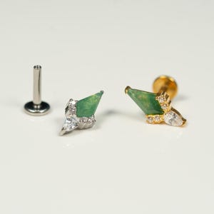 16G Moss Agate Rhombus Flat Back Stud, Screw Back Earrings, Internally Threaded, Cartilage, Conch Earring, Helix, Tragus, Gold, Silver AC16