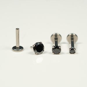 20G, 18G, 16G Black CZ Threadless Flat Back Stud, Flat Back Earring, Cartilage Stud Piercing, Titanium, Tragus, Helix, Push In, I1
