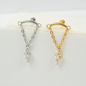20G, 18G, 16G Gold Silver Curved Bar Dangle Chain, Threadless Flat Back Stud, Flat Back Cartilage, Floating Helix, Helix Stud, W12