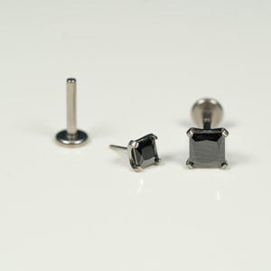20G, 18G, 16G Black Square CZ Threadless Flat Back Stud, Flat Back Earring, Cartilage Piercing, Titanium, Tragus, Helix, Push In, AA4