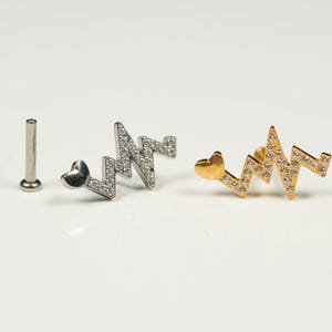 20G, 18G, 16G Gold Silver Heartbeat, Threadless Flat Back Stud, Flat Back Cartilage Earring, Ear Climber, Conch Stud, Helix, AB16