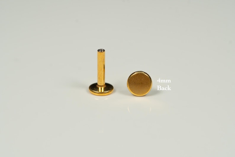 Puede incluir: Joyer&iacute;a corporal dorada con un respaldo de 4 mm. La joyer&iacute;a es un disco plano con una superficie lisa.