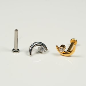 20G, 18G, 16G Bezel Crescent Moon, Threadless Flat Back Stud, Flat Back Cartilage, Tragus Piercing, Conch Stud, Helix Stud, T17