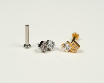 20G, 18G, 16G Gold Silver Double Square, Threadless Flat Back Stud, Flat Back Cartilage, Tragus Piercing, Conch Stud, Helix Stud, AB34