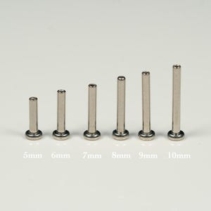 Pu&ograve; includere: Un set di sette aste metalliche argentate di diverse lunghezze, che vanno da 5 mm a 10 mm. Le aste sono disposte in ordine di dimensione, con l'asta pi&ugrave; piccola a sinistra e l'asta pi&ugrave; grande a destra.