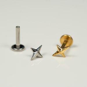 Clou d'oreilles plat 16G étoile à quatre branches, boucles d'oreilles vissées, clou en titane, boucle d'oreille cartilage, boucle d'oreille conque, hélice, tragus, or, argent AC32