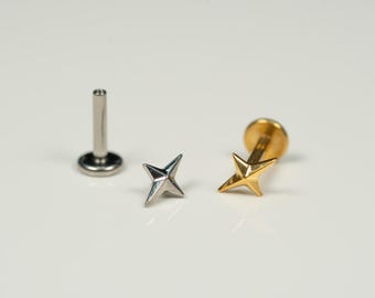 16G Four Point Star Flat Back Stud, Screw Back Earrings, Titanium Stud, Cartilage Earring, Conch Earring, Helix, Tragus, Gold, Silver AC32