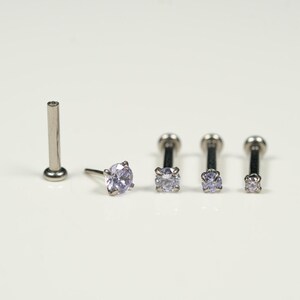 20G, 18G, 16G Silver Lavender CZ, Threadless Flat Back Stud, Earring, Cartilage Piercing, Titanium, Tragus, Helix, Push In, V32