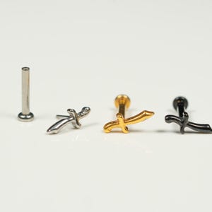 20G, 18G, 16G Gold Silver Black Pirate Sword, Threadless Flat Back Stud, Flat Back Cartilage, Tragus Piercing, Conch Stud, Helix Stud, Y6