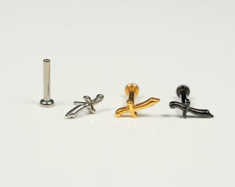 20G, 18G, 16G Gold Silver Black Pirate Sword, Threadless Flat Back Stud, Flat Back Cartilage, Tragus Piercing, Conch Stud, Helix Stud, Y6