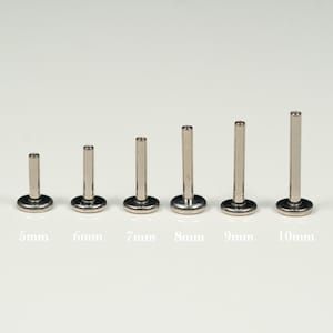 Pu&ograve; includere: Un set di sei barbell in acciaio inox di diverse lunghezze, che vanno da 5 mm a 10 mm. I barbell sono esposti su una superficie bianca.