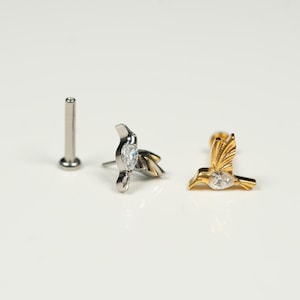 20G, 18G, 16G Gold Silver Marquise Hummingbird, Threadless Flat Back Stud, Flat Back Cartilage, Tragus Piercing, Conch Stud, Helix Stud AB20
