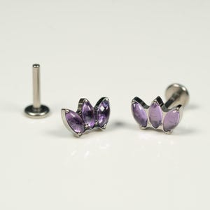 20G, 18G, 16G Amethyst Marquise Natural Stone Fan, Threadless Flat Back Stud, Cartilage Earring, Ear Climber, Conch Stud, Helix Stud, S12