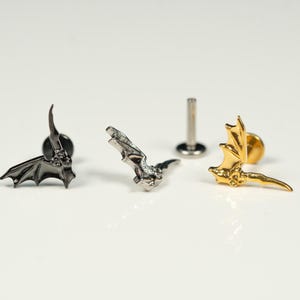 16G Bat Flat Back Stud, Screw Back Earrings, Internally Threaded, Cartilage Earring, Conch Earring, Helix, Tragus, Gold, Silver AB5