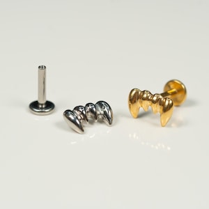 16G Vampire Teeth Flat Back Stud, Screw Back Earrings, Internally Threaded, Cartilage, Conch Earring, Helix, Tragus, Gold, Silver AC24