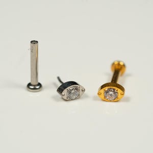20G, 18G, 16G Gold Silver Oval Gem, Threadless Flat Back Stud, Flat Back Cartilage, Tragus Piercing, Conch Stud, Helix Stud, AB36