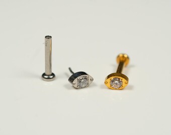 20G, 18G, 16G Gold Silver Oval Gem, Threadless Flat Back Stud, Flat Back Cartilage, Tragus Piercing, Conch Stud, Helix Stud, AB36