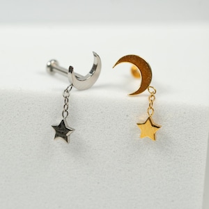 20G, 18G, 16G Gold Silver Crescent Moon Dangle Star, Threadless Flat Back Stud, Flat Back Cartilage, Tragus Piercing, Helix Stud, W23