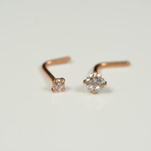 20G, 18G Rose Gold Clear Nose Stud Nose Ring Small L Bend L Shape Back 316L Surgical Steel Nostril Jewelry F1