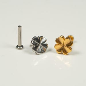 20G, 18G, 16G Gold Silver Clover Leaf, Threadless Flat Back Stud, Flat Back Cartilage, Tragus Piercing, Conch Stud, Helix Stud, AB12