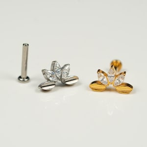 20G, 18G, 16G Gold Silver Marquise Flower, Threadless Flat Back Stud, Flat Back Cartilage, Tragus Piercing, Conch Stud, Helix Stud, S31