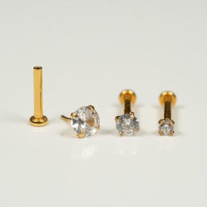 20G, 18G, 16G Gold CZ Threadless Flat Back Stud, Flat Back Earring, Cartilage Stud Piercing, Titanium, Tragus, Helix, Push In, I1