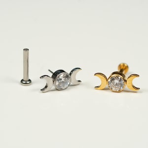 20G, 18G, 16G Gold Silver Crescent Moon Bezel, Threadless Flat Back Stud, Flat Back Cartilage, Tragus Piercing, Conch Stud, Helix Stud, Z33